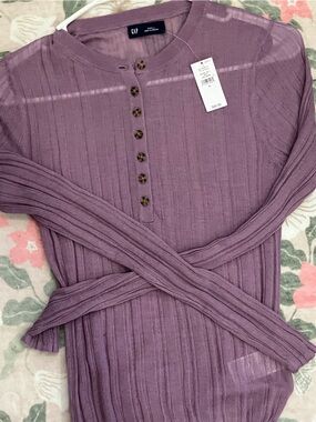 GAP Ribbed Henley Long Sleeve Top in amethyst purple sheer